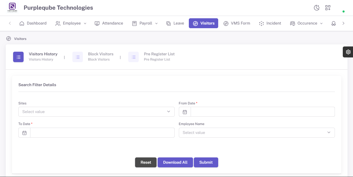 Visitors History Search Interface